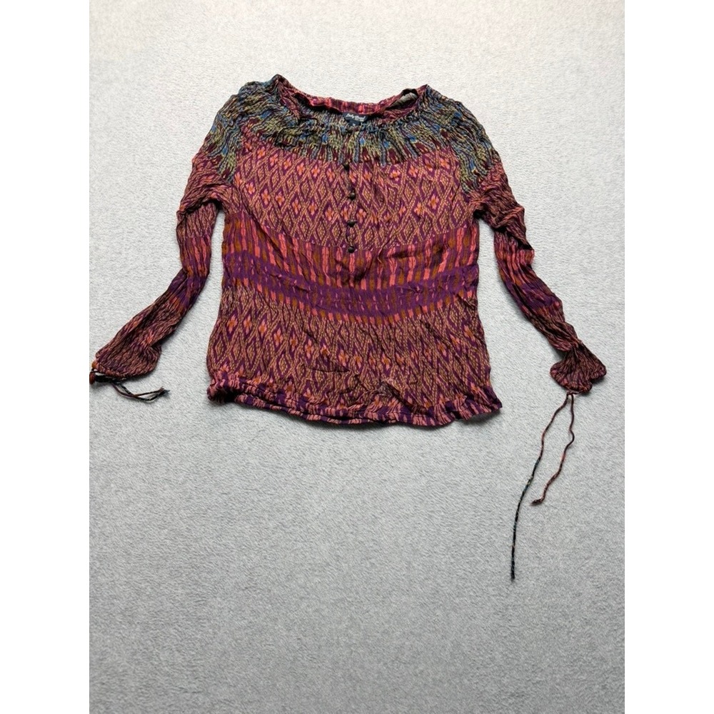 Lucky Brand Womens Boho Smocked Ikat Print Long Sleeve Peasant Blouse Purple